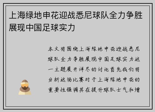 上海绿地申花迎战悉尼球队全力争胜展现中国足球实力
