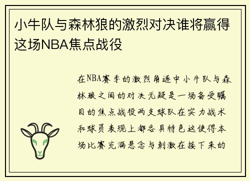 小牛队与森林狼的激烈对决谁将赢得这场NBA焦点战役